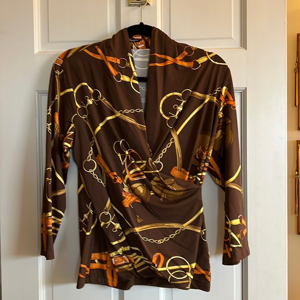 JMcLaughlin reap top. Size L. Color brown/equestrian theme.
